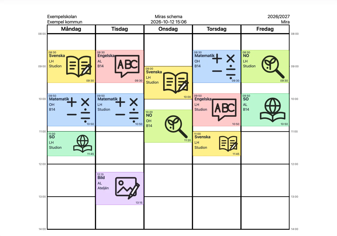 Veckoschema i Elevschema för eleven Mira, måndag till fredag, med färgade pass för svenska, matematik, engelska, NO, SO och bild. Varje pass har en symbol som bildstöd, lärarens initialer och sal, till exempel Studion eller B14.