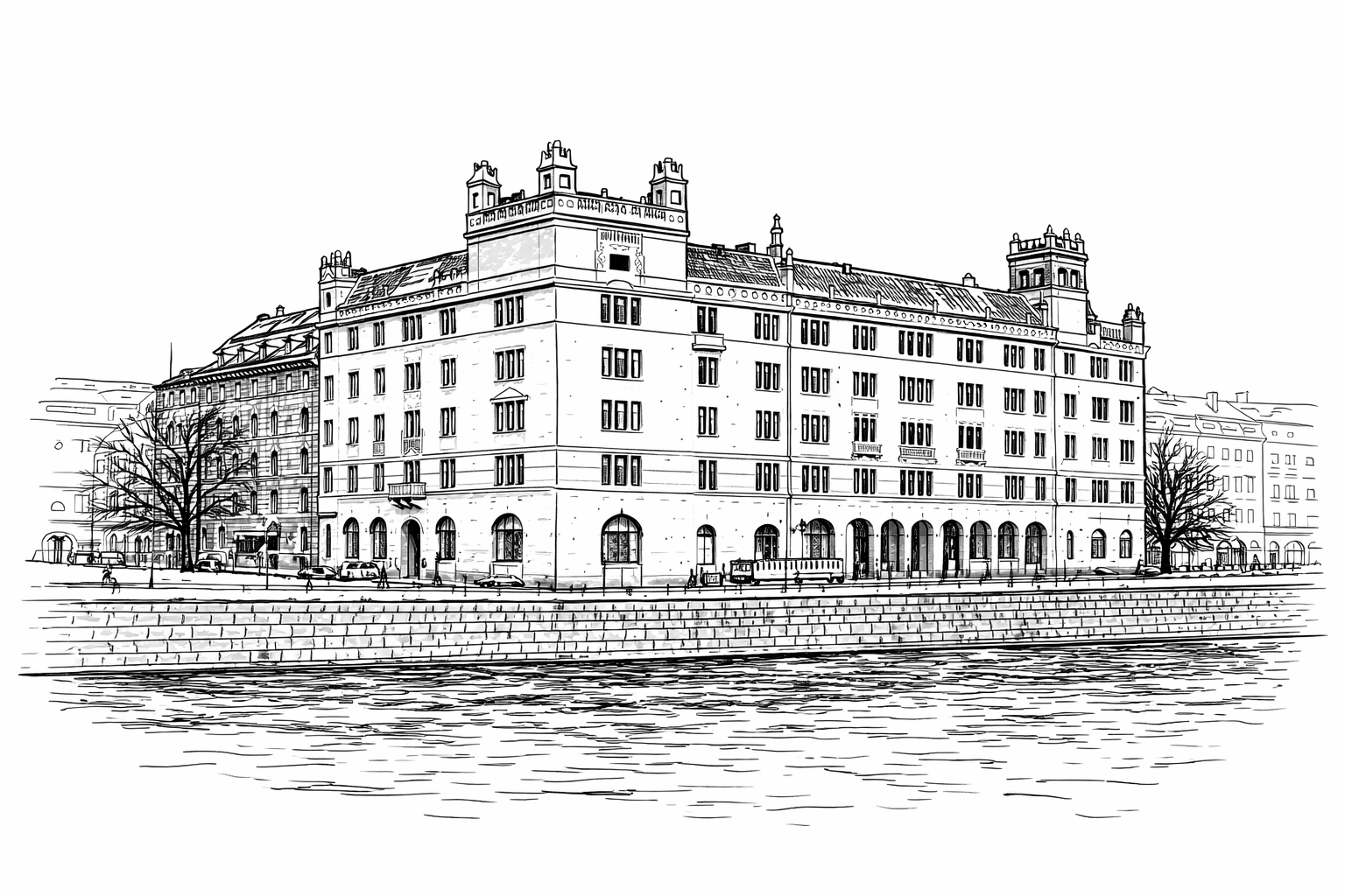 Teckning av Rosenbad sett från vattnet, med byggnadens fasad och torn.