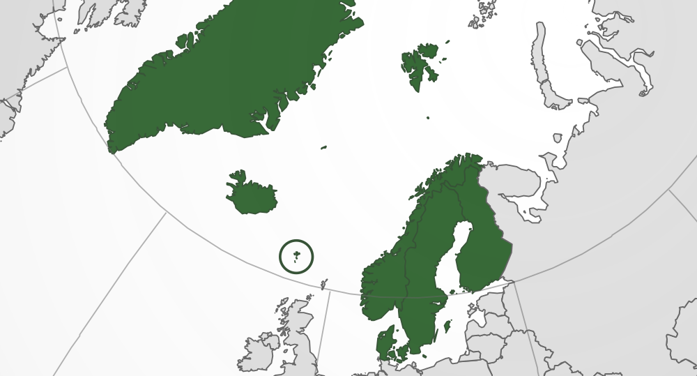 Karta över Norden där de nordiska länderna är markerade i grönt mot en ljus karta över Europa och Nordatlanten.