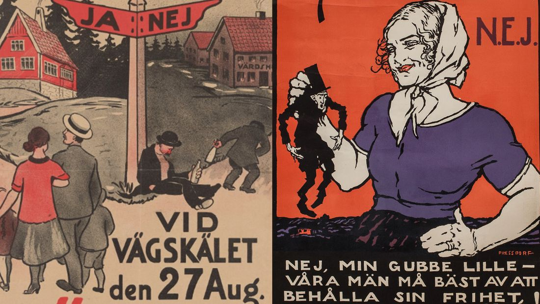 Två kampanjaffischer från rusdrycksomröstningen 1922. De använder olika motiv och budskap för ja- respektive nej-sidan, bland annat valet mellan två vägar och argument om att behålla sin frihet.