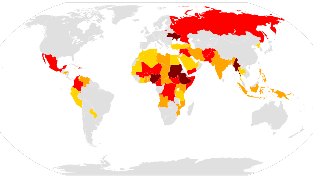 Världskarta över väpnade konflikter 2023. Berörda länder är markerade med färger, bland annat i Afrika, Mellanöstern, Östeuropa och delar av Asien.