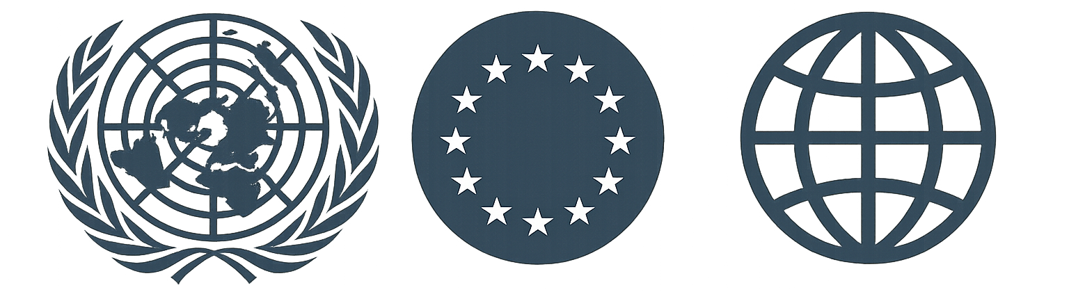 Symboler för internationella organisationer: FN:s emblem, EU:s stjärnring och en jordglob för Världsbanken.