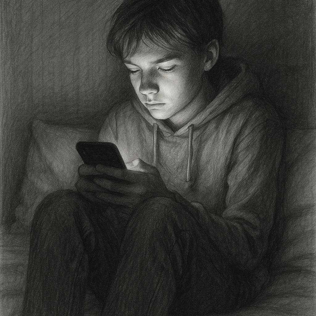 Tecknad pojke som sitter ensam med en mobiltelefon. Skärmens ljus lyser upp hans ansikte i det mörka rummet.